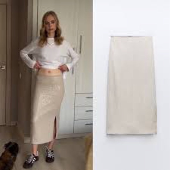 Zara Dresses & Skirts - Zara Sequined crinkled slit hem cream midi skirt sz.S